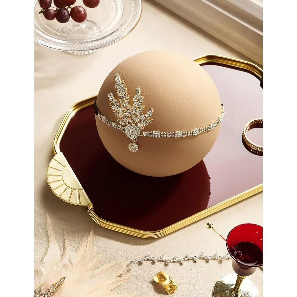 Art Deco Pearl Headband Flapper Gatsby 1920s Gold Leaf Medallion Great Gatsby